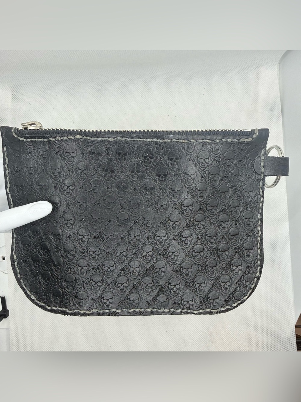 Handmade Black Skull Embossed Leather Zipper Pouch with Key Ring